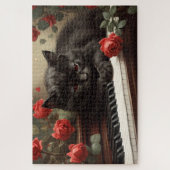 可愛い黒猫がピアノに寝ている ジグソーパズル (縦)