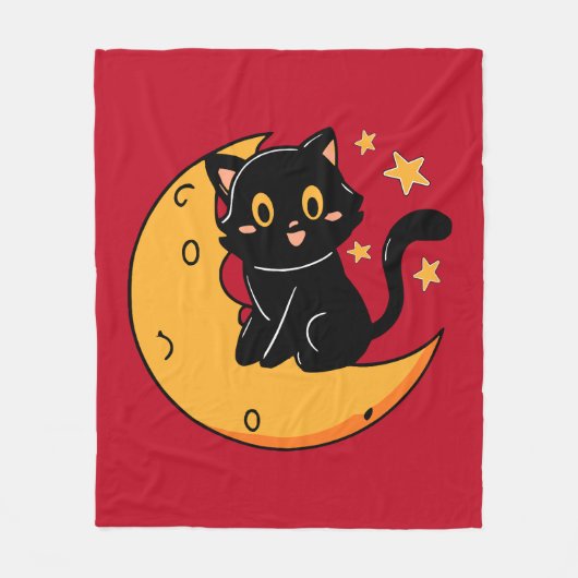 可愛い黒猫が月に座っている フリースブランケット (正面)