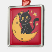 可愛い黒猫が月に座っている メタルオーナメント (左)