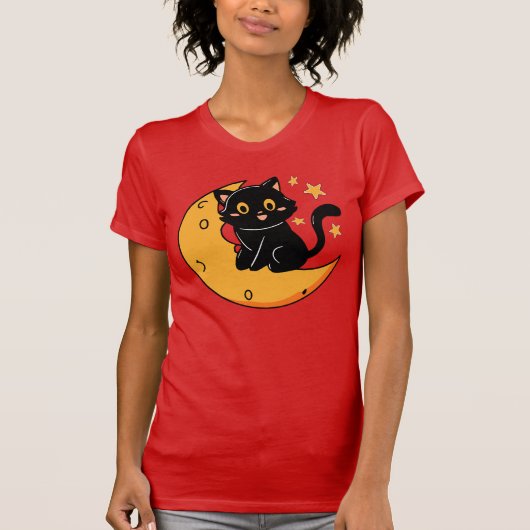 可愛い黒猫が月に座っている Tシャツ (正面)