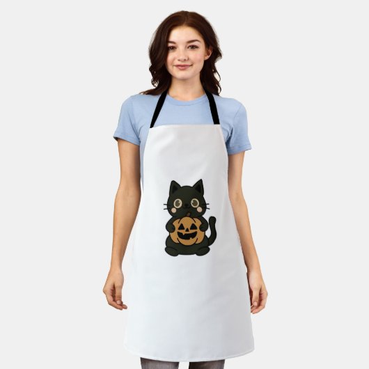 可愛い黒猫が飼いハロウィーンのカボチャのちょうちんかぼちゃ – Ka エプロン (着用した状態)