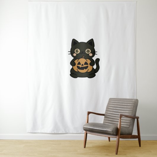 可愛い黒猫が飼いハロウィーンのカボチャのちょうちんかぼちゃ – Ka タペストリー (インサイチュ)