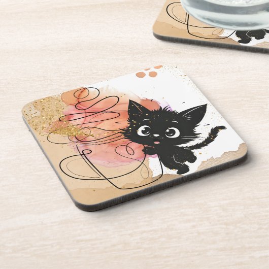 可愛い黒猫とコーヒー、クリーミーな色 コースター (左側)