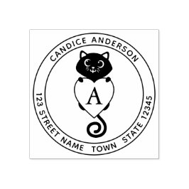 可愛い黒猫とモノグラムハート ラバースタンプ