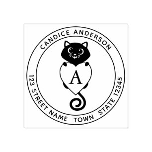 可愛い黒猫とモノグラムハート ラバースタンプ