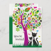 可愛い黒猫と花木赤ちゃんシャワー 招待状 (正面/裏面)