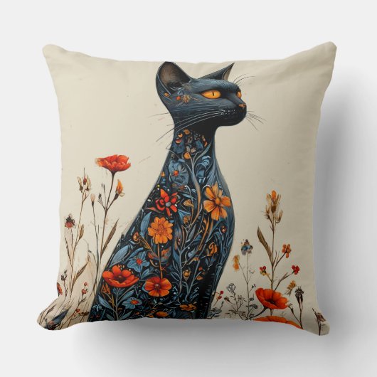 可愛い黒猫と花 クッション (正面)