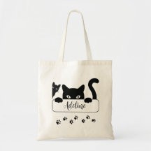 可愛い黒猫のぞき名前をカスタムするトートバッグ