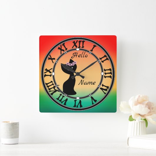 可愛い黒猫のグラデーション珊瑚の青い背景 スクエア壁時計 (ホーム)