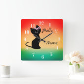 可愛い黒猫のグラデーション珊瑚の青い背景 スクエア壁時計 (ホーム)