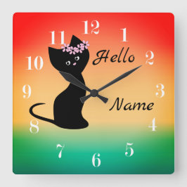 可愛い黒猫のグラデーション珊瑚の青い背景 スクエア壁時計