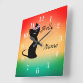 可愛い黒猫のグラデーション珊瑚の青い背景 スクエア壁時計 (傾斜)