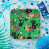 可愛い黒猫のグリーンハロウィン ペーパープレート (パーティー)