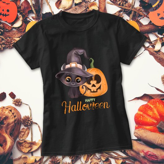 可愛い黒猫のハッピーハローウィンカボチャ彫り Tシャツ