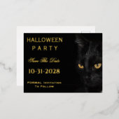 可愛い黒猫の目がデートを救うパーティーハロウィン 箔シーズンポストカード (正面/裏面)