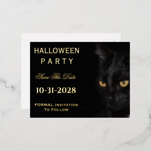 可愛い黒猫の目がデートを救うパーティーハロウィン 箔シーズンポストカード (正面/裏面)