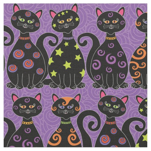 可愛い黒猫の紫のハロウィーン ファブリック (クローズアップ)