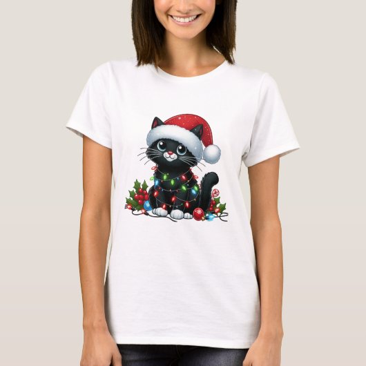 可愛い黒猫クリスマスライト Tシャツ (正面)
