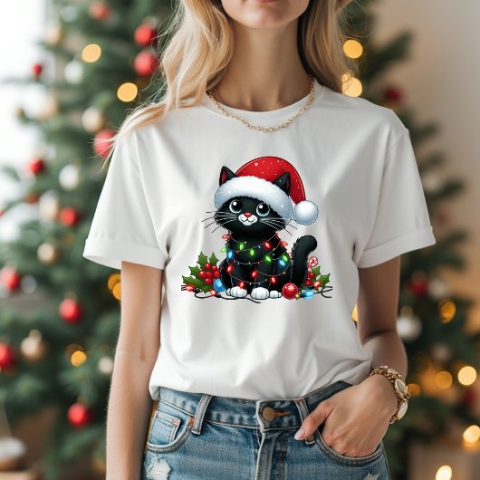 可愛い黒猫クリスマスライト Tシャツ