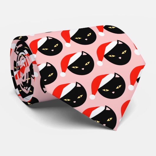 可愛い黒猫サンタ柄ピンクのタッキーなクリスマス ネクタイ (ロール)