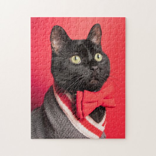 可愛い黒猫ネクタイ(赤) ジグソーパズル (縦)