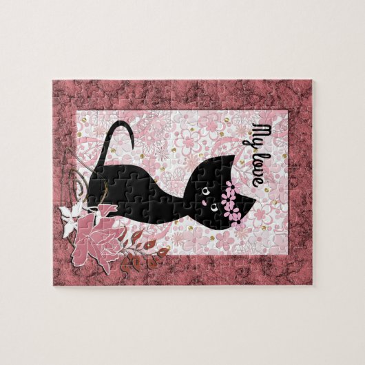 可愛い黒猫ネコパーソナライズされたリースフローラp ジグソーパズル (横)