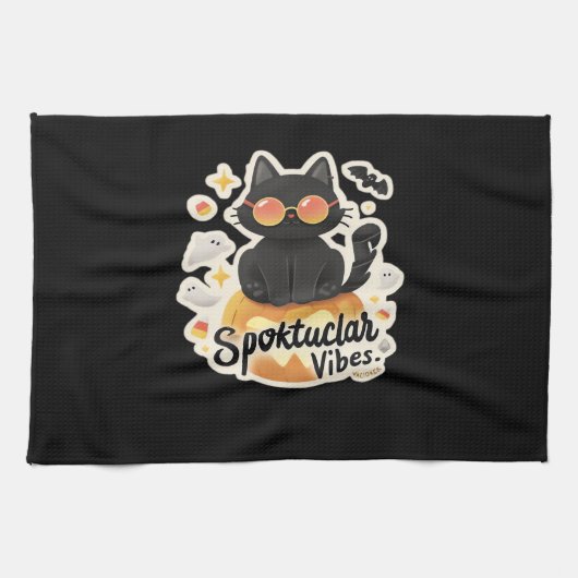 可愛い黒猫ハロウィンカボチャ特大Tシャツ キッチンタオル (横)