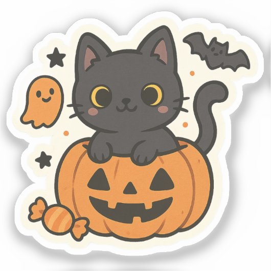 可愛い黒猫ハロウィンステッカー – かわいいカボチャ シール (正面)