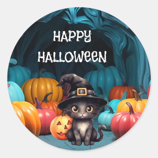 可愛い黒猫ハロウィーンカボチャのランタン ラウンドシール (正面)