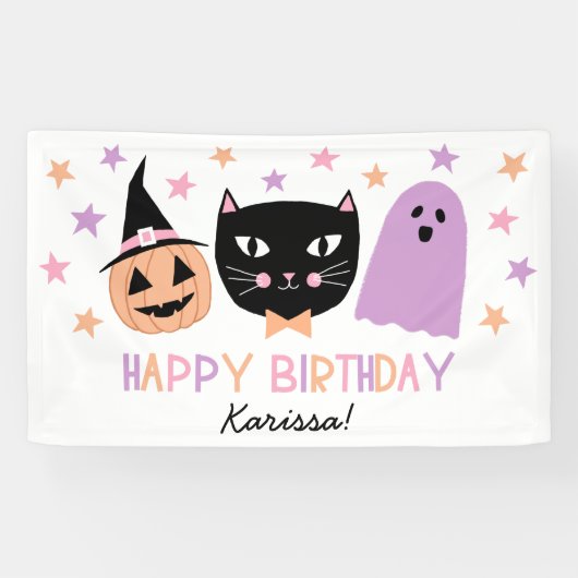 可愛い黒猫ハロウィーン誕生日名旗 横断幕 (横)
