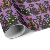 可愛い黒猫パープルハロウィンお洒落の柄 ラッピングペーパー (ロールコーナー)