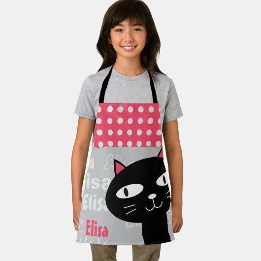 可愛い黒猫ピンク水玉模様お名前 エプロン (インサイチュ)