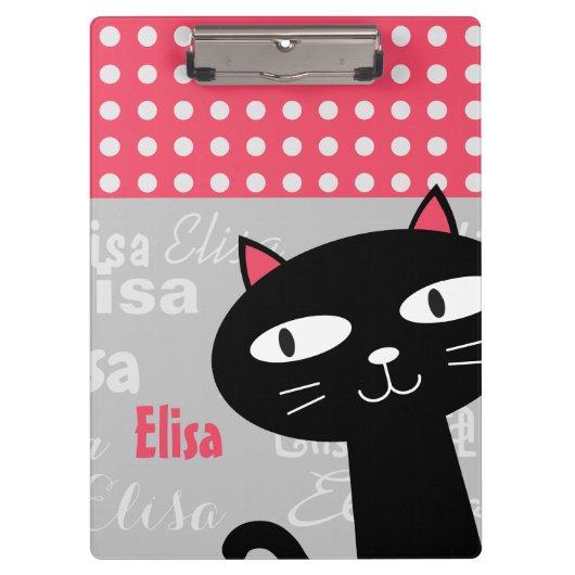 可愛い黒猫ピンク水玉模様お名前 クリップボード (正面)