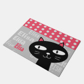 可愛い黒猫ピンク水玉模様お名前 ドアマット (アングル)