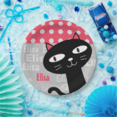 可愛い黒猫ピンク水玉模様お名前 ペーパープレート (パーティー)