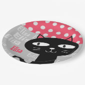 可愛い黒猫ピンク水玉模様お名前 ペーパープレート (アングル)