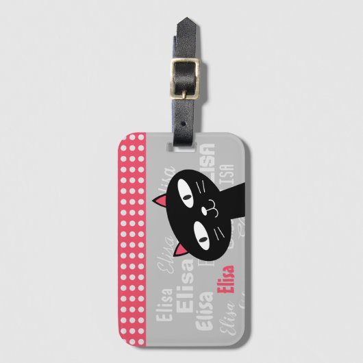 可愛い黒猫ピンク水玉模様お名前 ラゲッジタグ (正面縦)