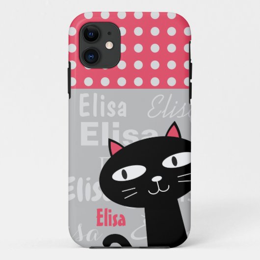 可愛い黒猫ピンク水玉模様お名前 Case-Mate iPhoneケース (裏面)