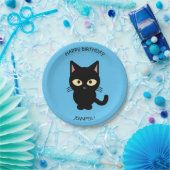 可愛い黒猫マンガの青い誕生日の子供の名前 ペーパープレート (パーティー)