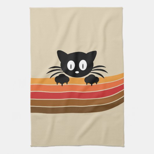 可愛い黒猫レトロなストライプ キッチンタオル (縦)