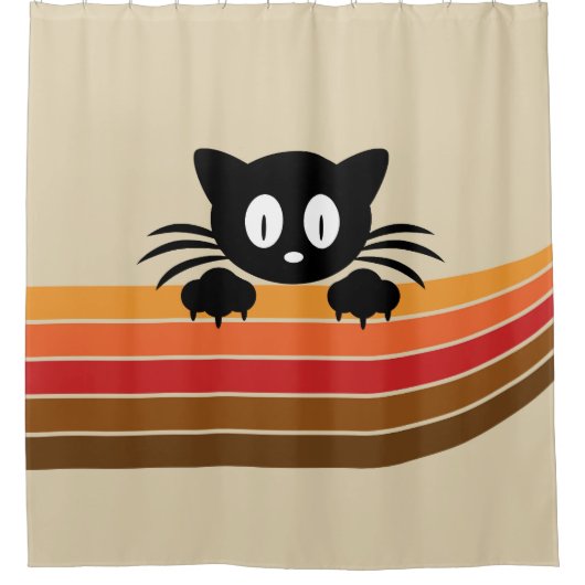 可愛い黒猫レトロなストライプ シャワーカーテン (正面)