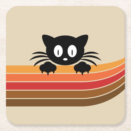 可愛い黒猫レトロなストライプ スクエアペーパーコースター (正面)