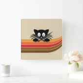 可愛い黒猫レトロなストライプ スクエア壁時計 (ホーム)