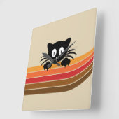 可愛い黒猫レトロなストライプ スクエア壁時計 (傾斜)