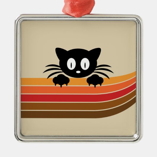 可愛い黒猫レトロなストライプ メタルオーナメント (正面)