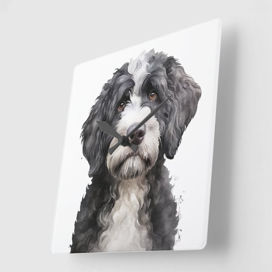 可愛い黒白ポルトガルの水犬 スクエア壁時計 (傾斜)