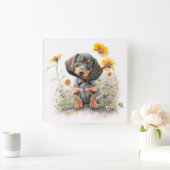 可愛い黒褐色の短毛ダチュンド犬 スクエア壁時計 (ホーム)