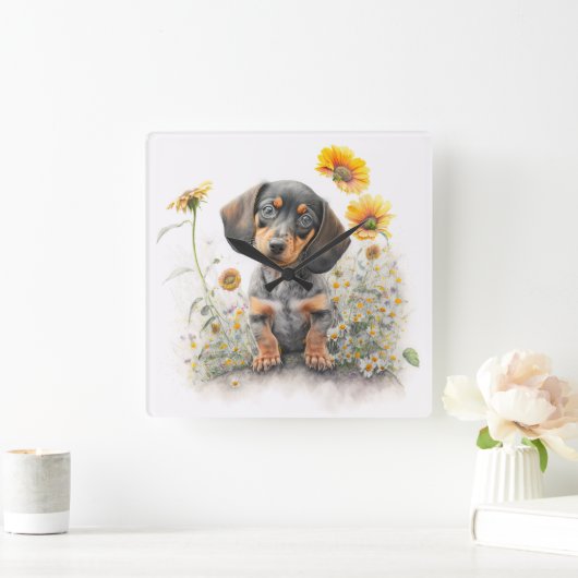 可愛い黒褐色の短毛ダチュンド犬 スクエア壁時計 (ホーム)