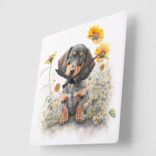 可愛い黒褐色の短毛ダチュンド犬 スクエア壁時計 (傾斜)