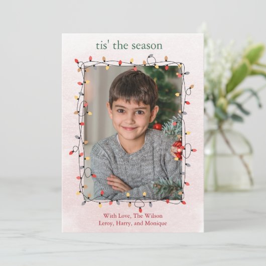 可愛い1枚フォトストリングライトクリスマス シーズンカード (スタンド正面)